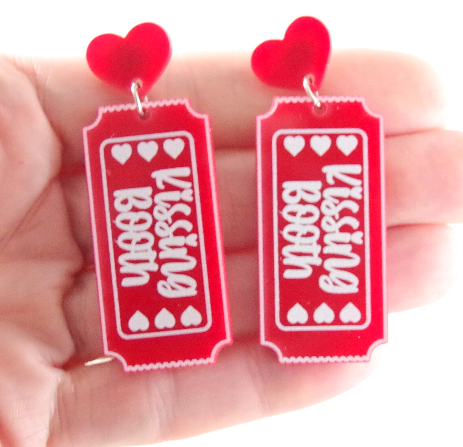 2 1/8″ NEW KISSING BOOTH TICKET VALENTINE HEART ACRYLIC DROP DANGLE EARRINGS