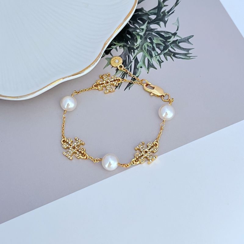 New Burch Miller Pave Logo Cultured Pearls Bracelet Yellow Gold with Pouch 24cm