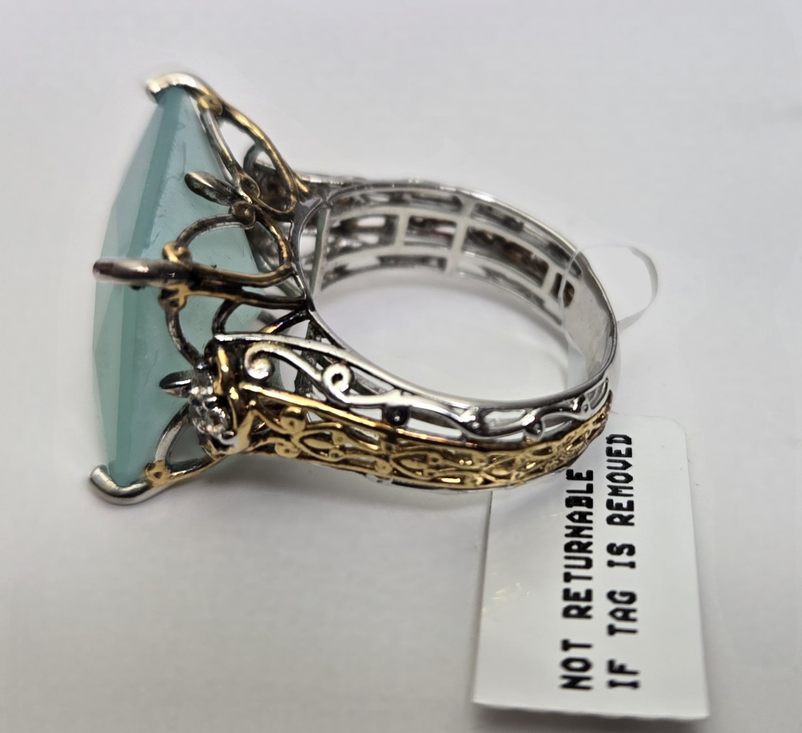 Vtg Gems en Vogue Princess Cut Seafoam Chalcedony, White Zircon Ring 925 sz 7.75