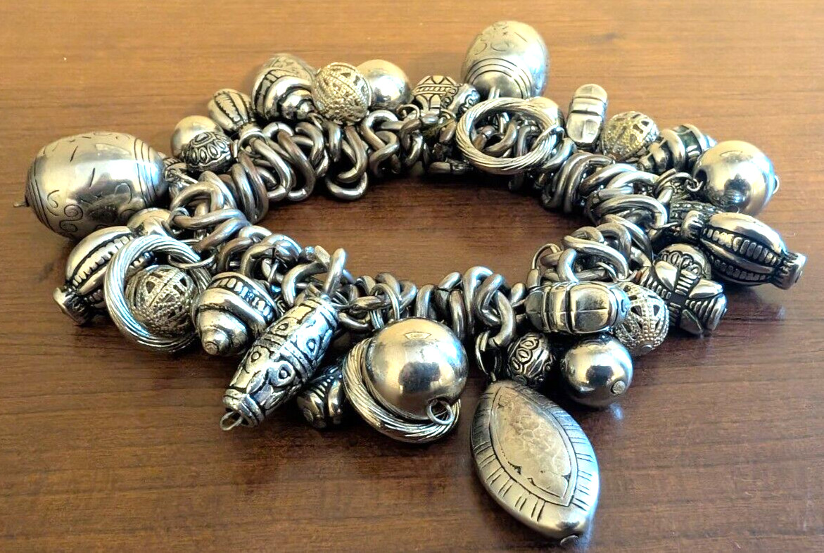 Silver-Tone Linked Chunky Stretch Bangle Bracelet Lots of Charms UN-branded