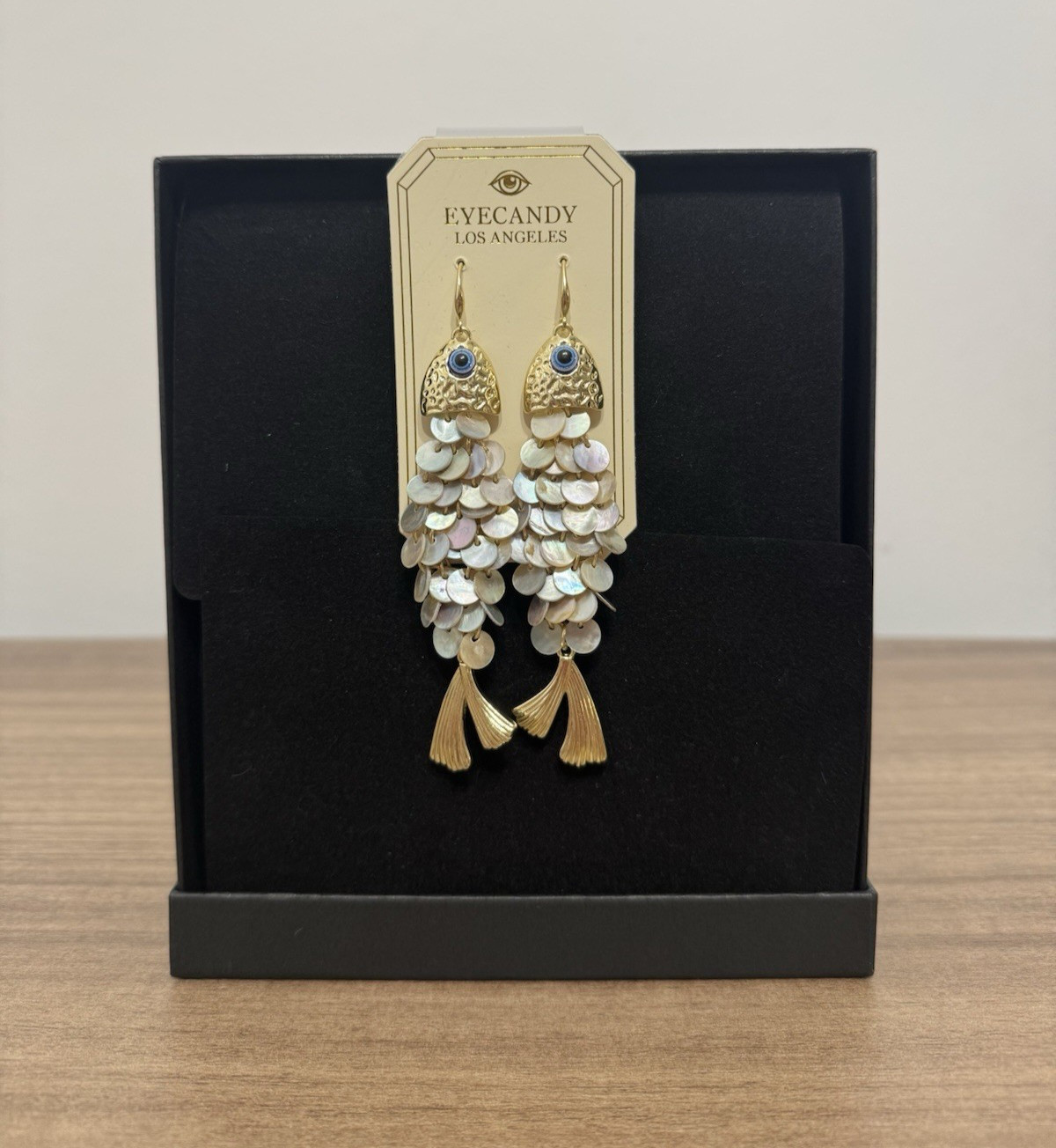 EYECANDY Los Angeles Gold Tone Dangle Fish Earrings with Shell Detail- Brand New