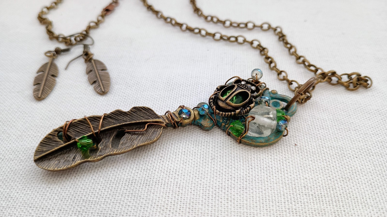 Key Wire Wrapped Pendant Handmade Long Chain Necklace Glass Beaded & Earrings