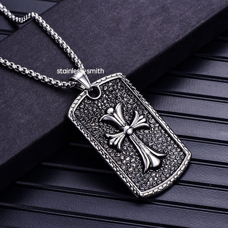SMITH Cool Mens Large Dog Tag Religious Christian Cross Pendant Necklace For Men