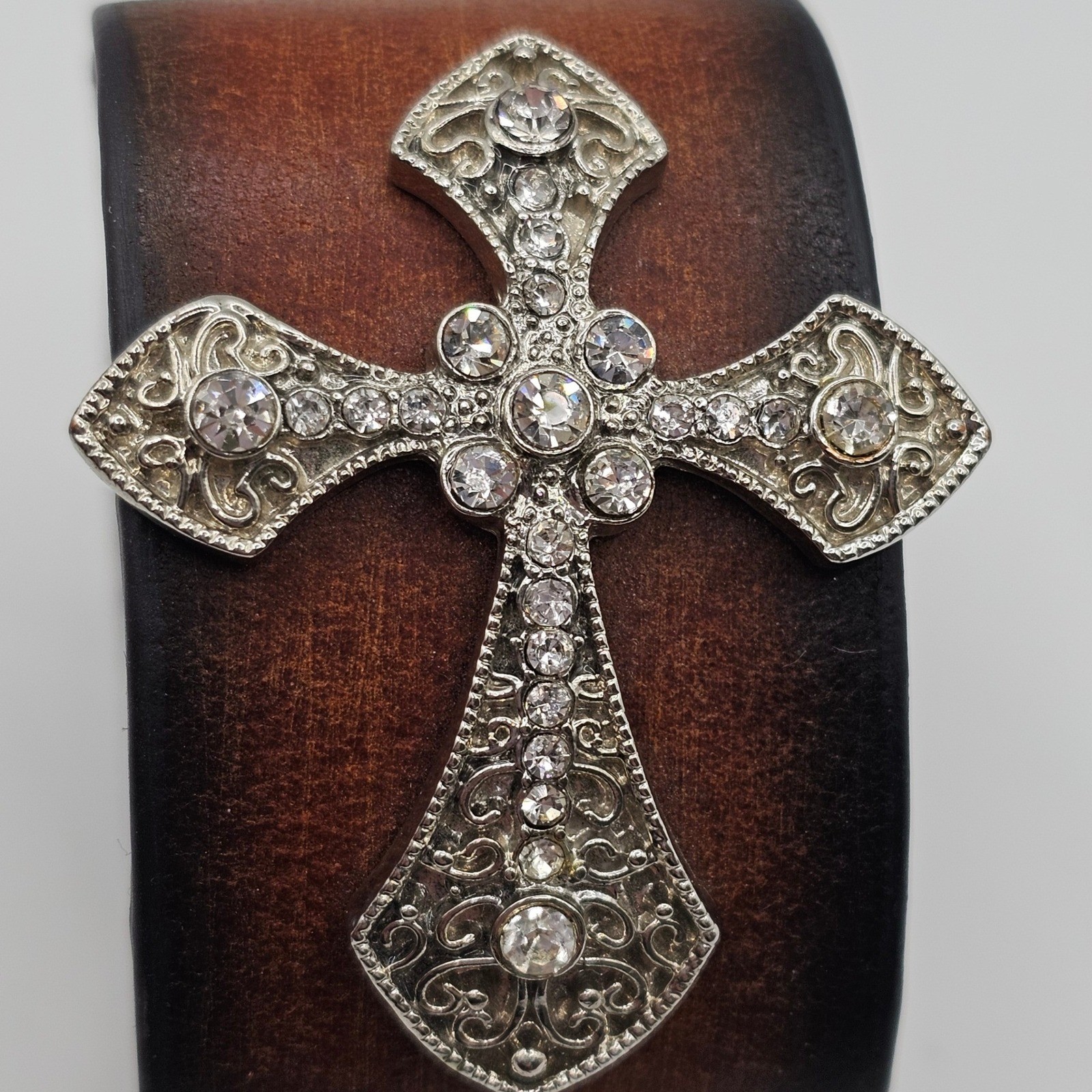 Brown Genuine Leather Cross Cuff Bracelet Rhinestone Western Y2K Statement Faith