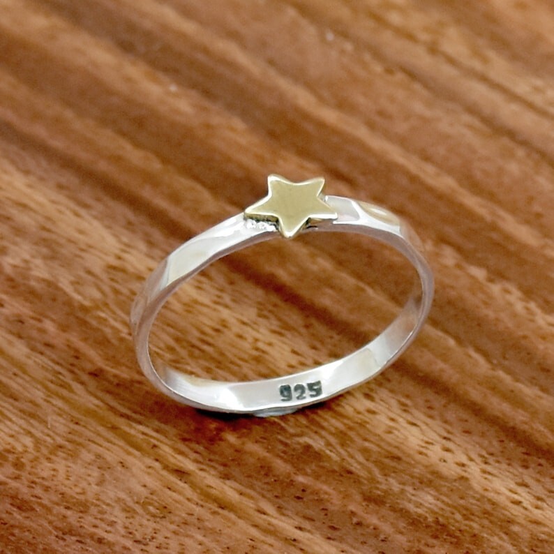 Sterling Silver Star Ring – 925 Silver Two-Tone Jewelry – Minimalist Gold Accent