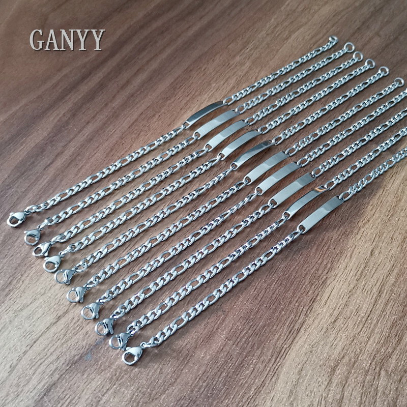 GNAYY in bulk 3pcs Stainless steel Figaro chain ID Bracelet bangle 4.5MM 8.66”