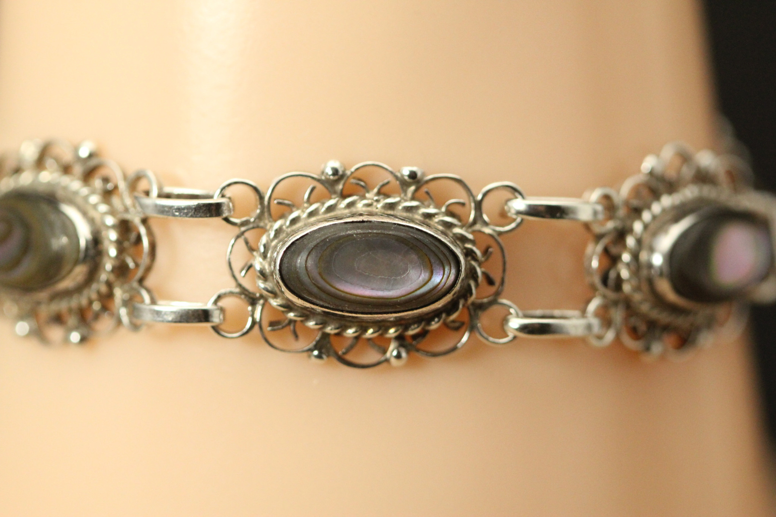 Paua Shell Ornate Link 925 Sterling Silver Bracelet 6.5″ 11.8 Grams (BR5349)
