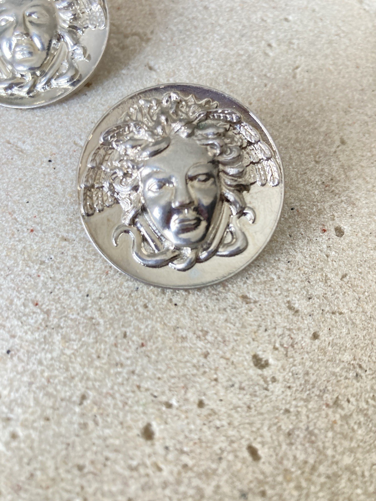 Silver Tone Medusa Face Button Earrings Greek Mythology Goddess Statement Large