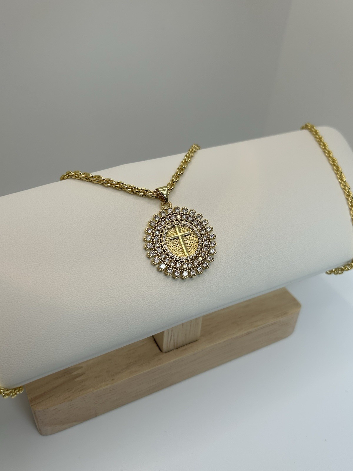 9ct GF Round Medallion Cross Pendant Necklace – 55cm (22”) 9K Gold Filled CZ