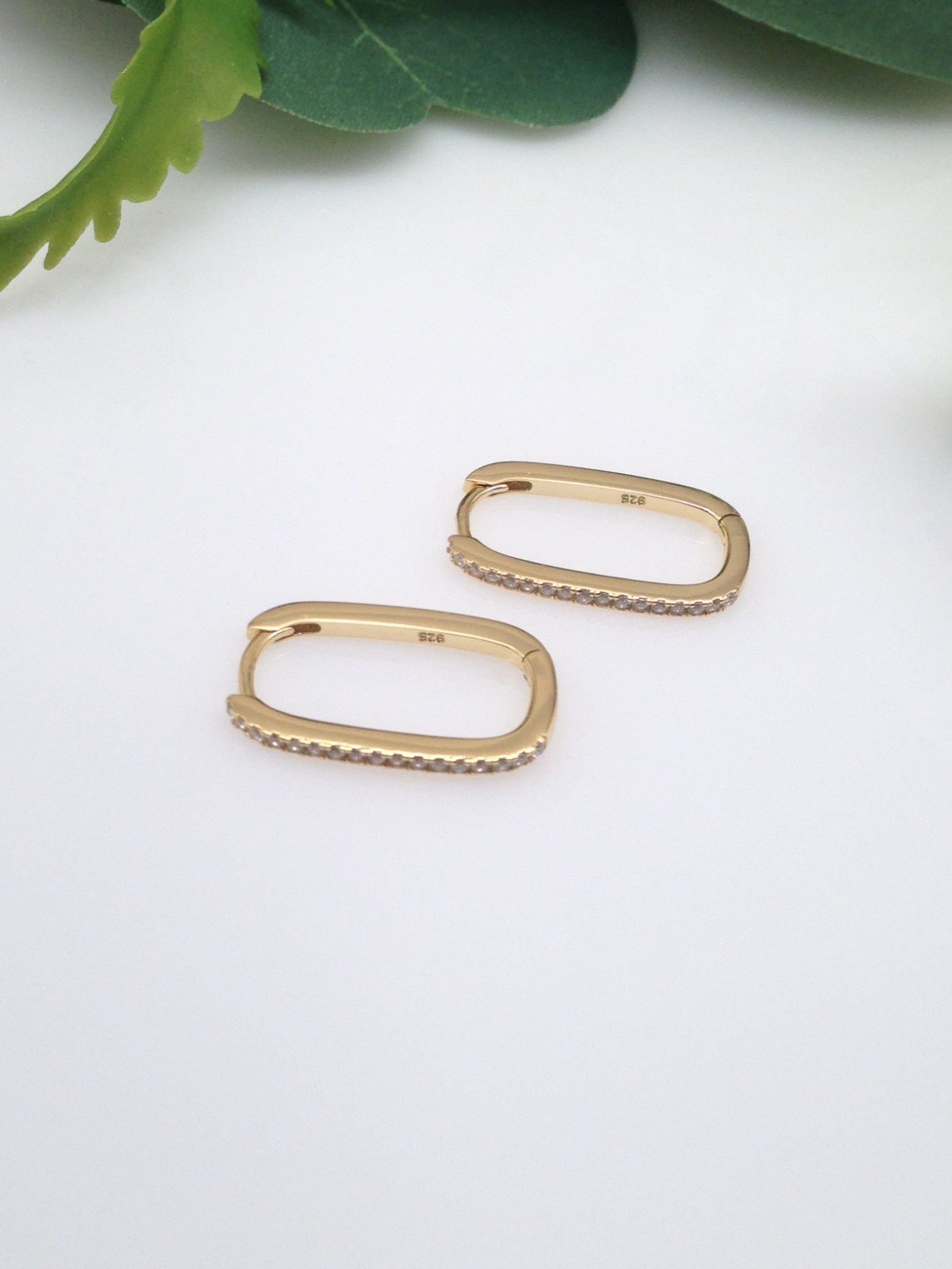 925 Sterling Silver CZ Gold Rectangle U Hoop Earrings Men Women 19mm/17mm x1.4mm