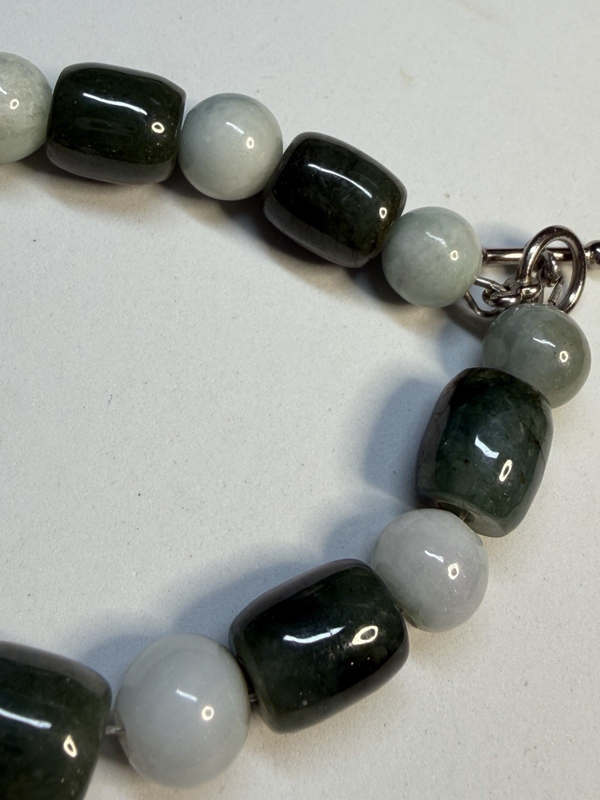 Vintage Natural Green Nephrite Jade & Agate Barrel Bead Toggle Bracelet 19.5cm
