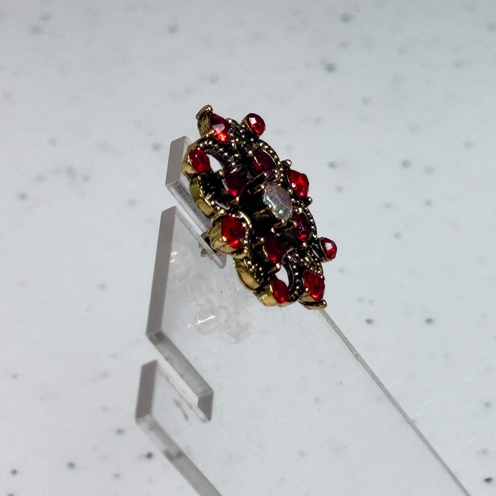 Brooch Red Rhinestone Aurora Borealis Floral Gold Tone Layered Flower 1576-13