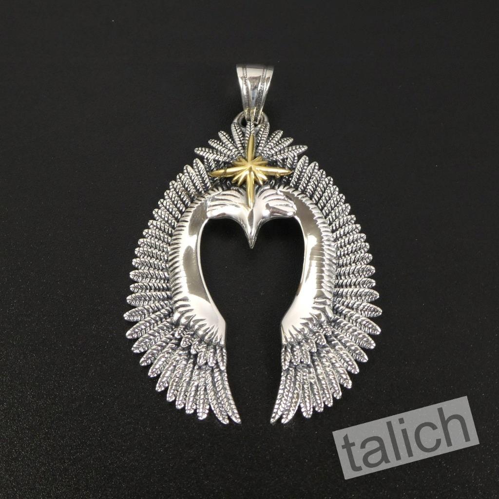 925 Sterling Silver Detailed Open Wing Eagle Pendant with Brass Star Two Sizes