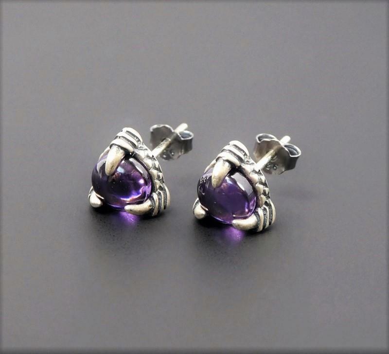 Sterling Silver Claw Set Purple Crystal Cabochon Tiny Stud Post Earrings Unique