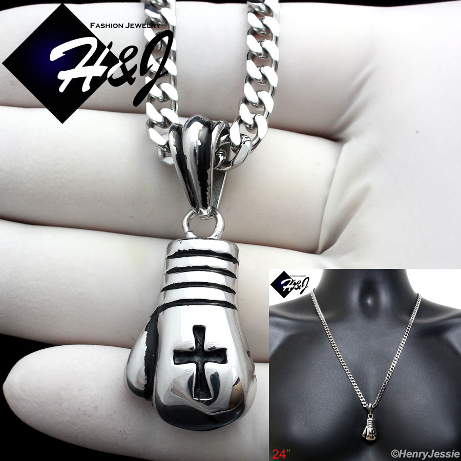 24″Stainless Steel 5mm Curb Chain Silver/Black Plated Boxing Glove Pendant*P75