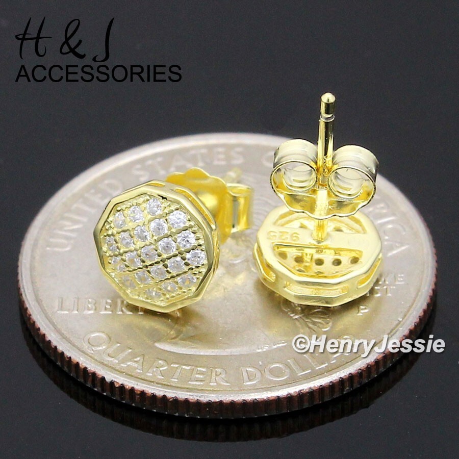 MEN WOMEN 925 STERLING SILVER ICY CZ 7MM OCTAGON GOLD PLATED STUD EARRING*AGE229