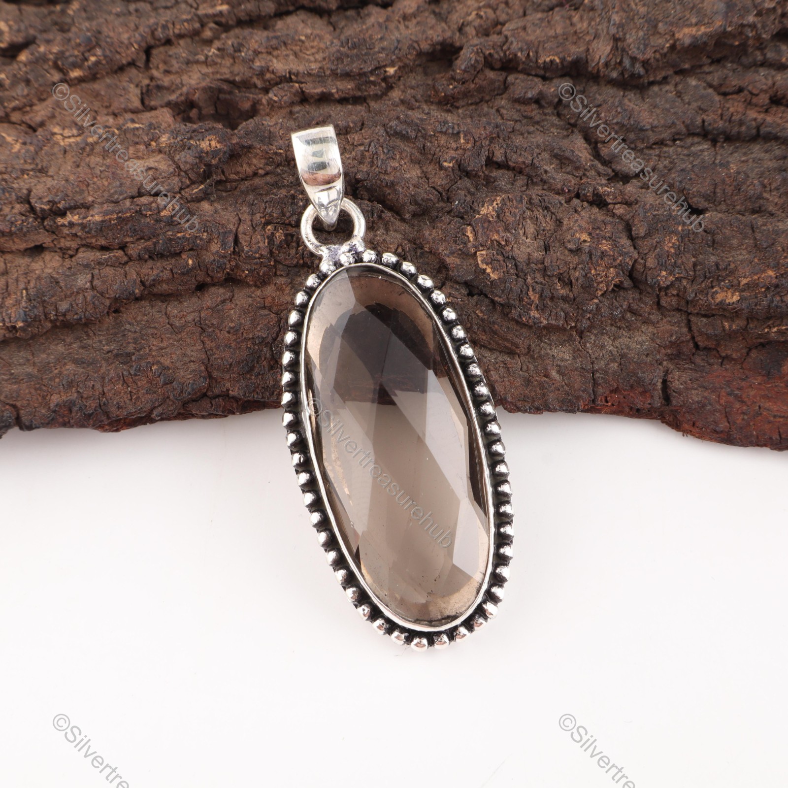 Sisters Day Sale Smokey Gemstone Engagement Boho Channel Set Pendant 925 Silver
