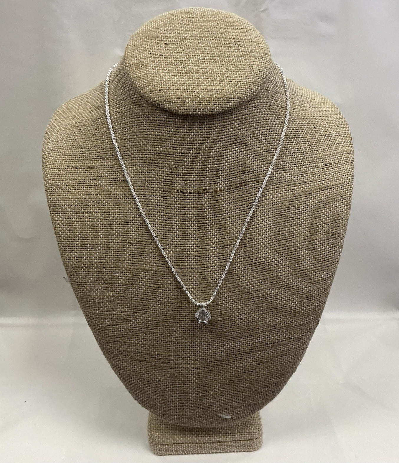 Silver Tone Snake Chain Necklace Round Clear Crystal Charm Pendant Prong Set
