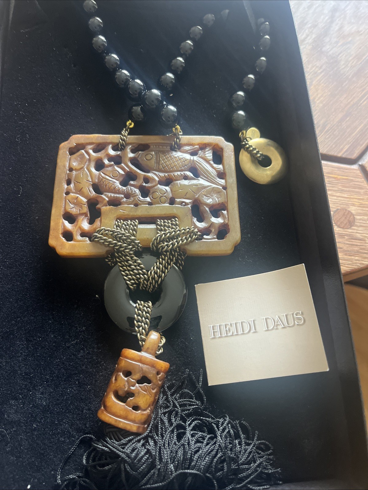 Heidi Daus Asian Design Chinoiserie Necklace Onyx Beads Carved Pendant Tassel