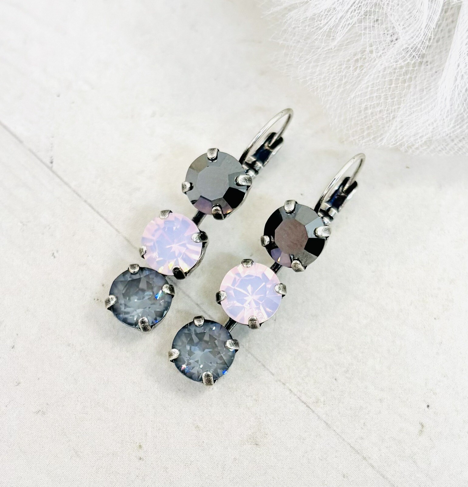 8mm Soft Pink, Black, and Gray Triple Stone Earrings