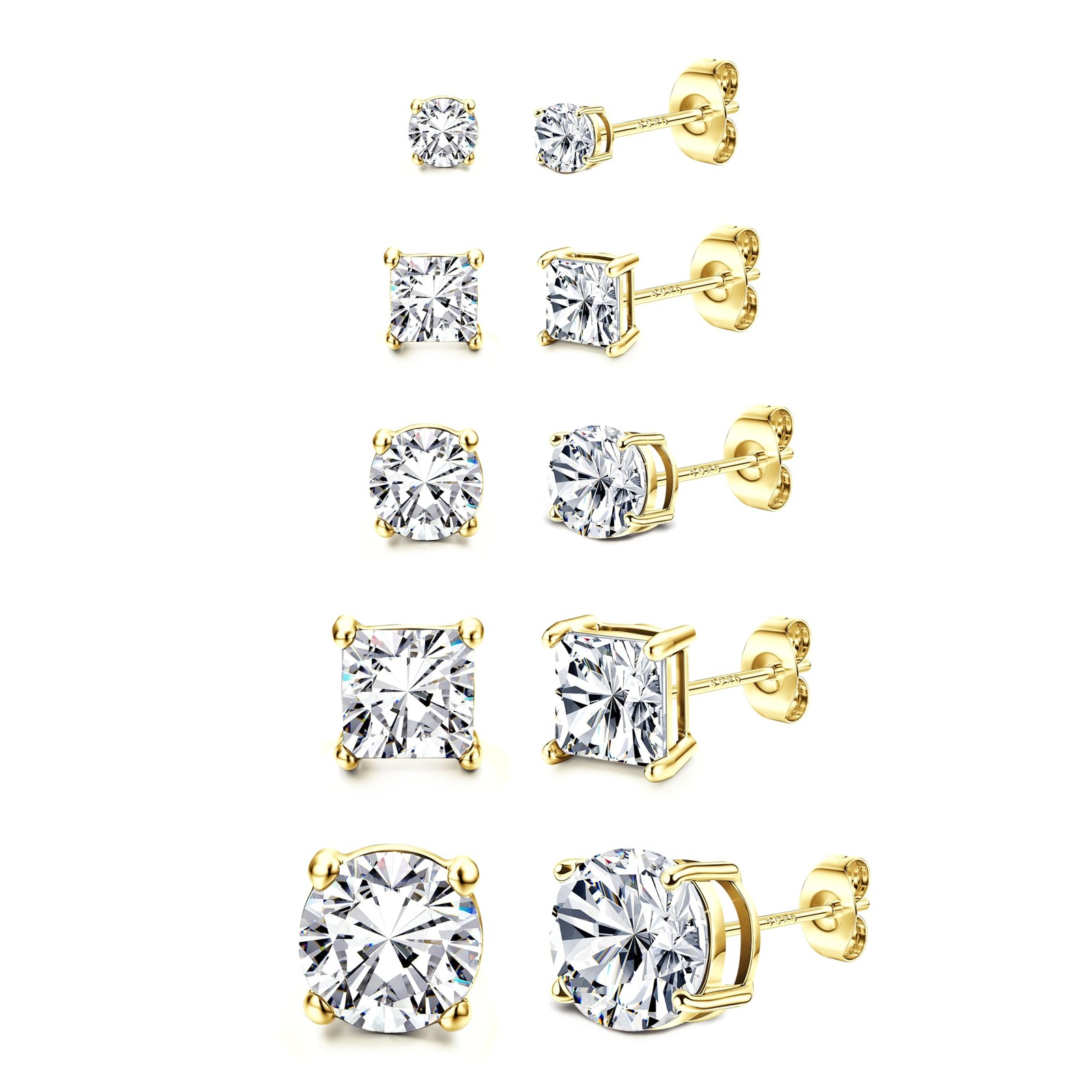 Dochais Cubic Zirconia Stud Earrings for Men Women 925 Sterling Silver Gold