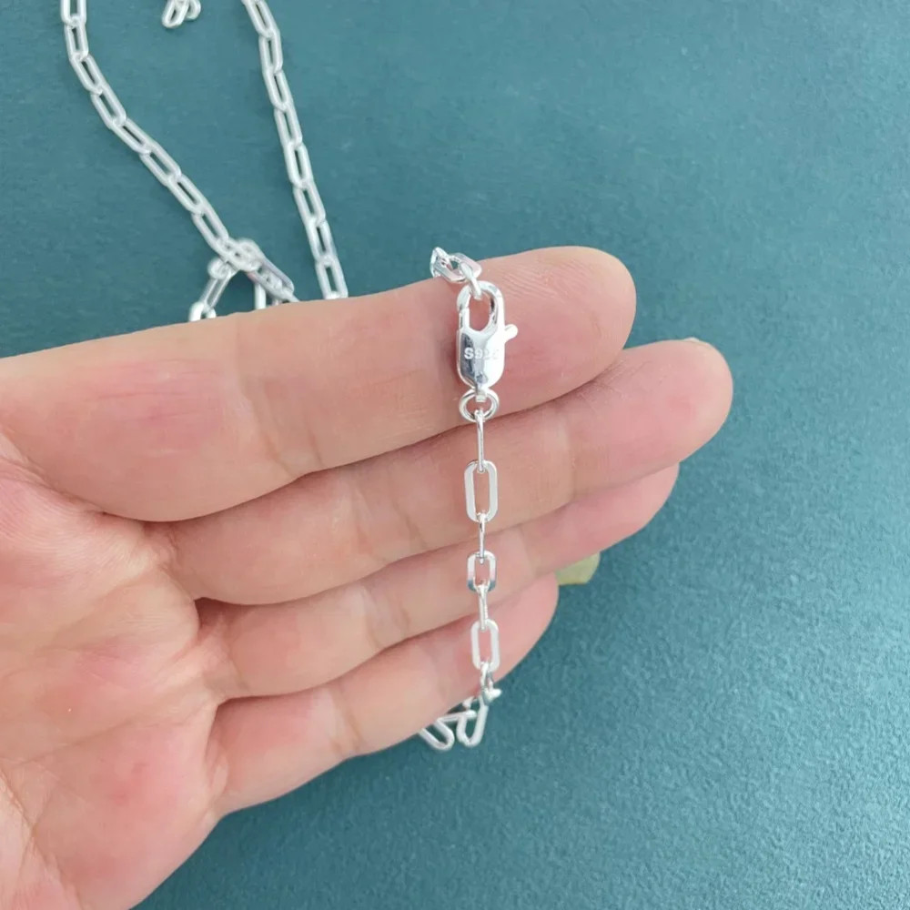 Paperclip Chain Necklace 925 Sterling Silver 3mm 45-60cm Women Jewelry