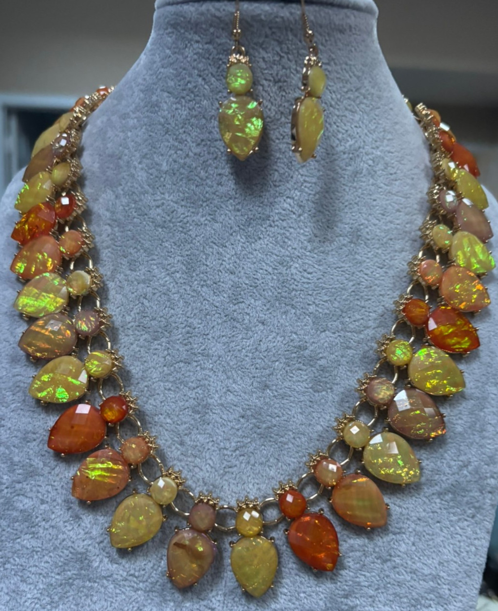 Multi Orange yellow foiled lucite Stud statement Gold Necklace Earring Set