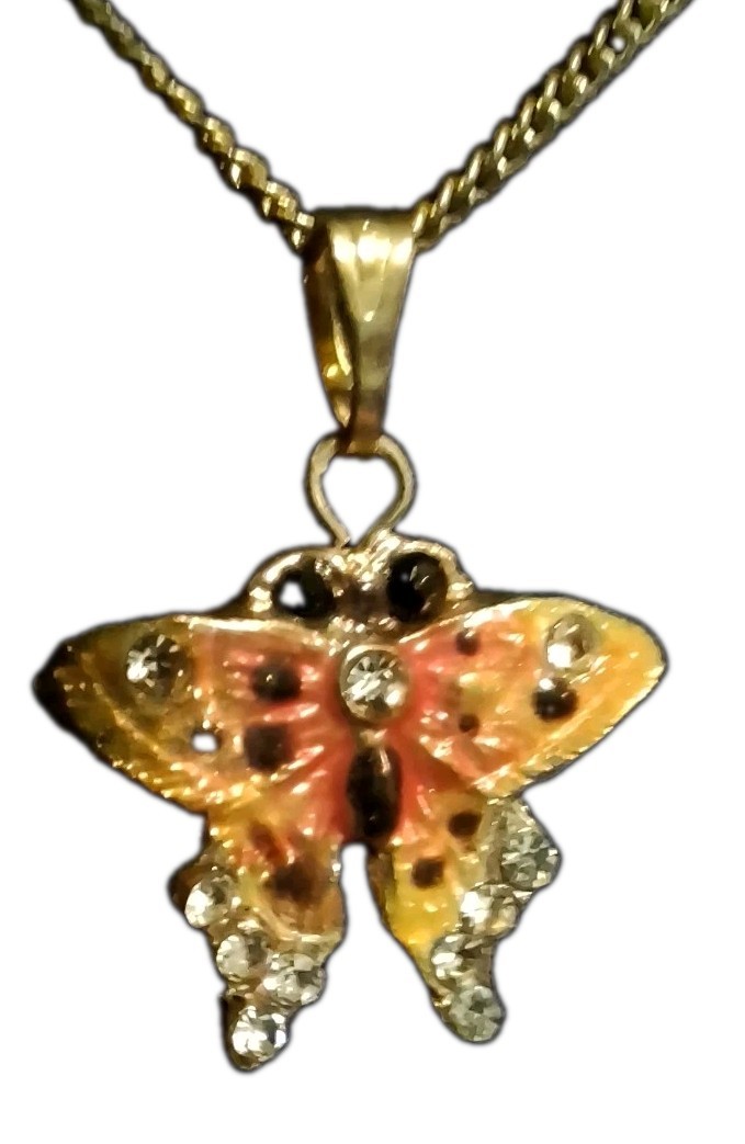 Gold Tone Enamel Butterfly Pendant Necklace Orange Yellow Rhinestone Accent