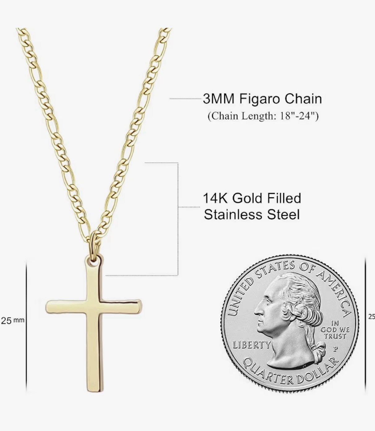 Gold Cross Pendant Necklace 3mm Figaro Chain Stainless Steel 20in Lobster