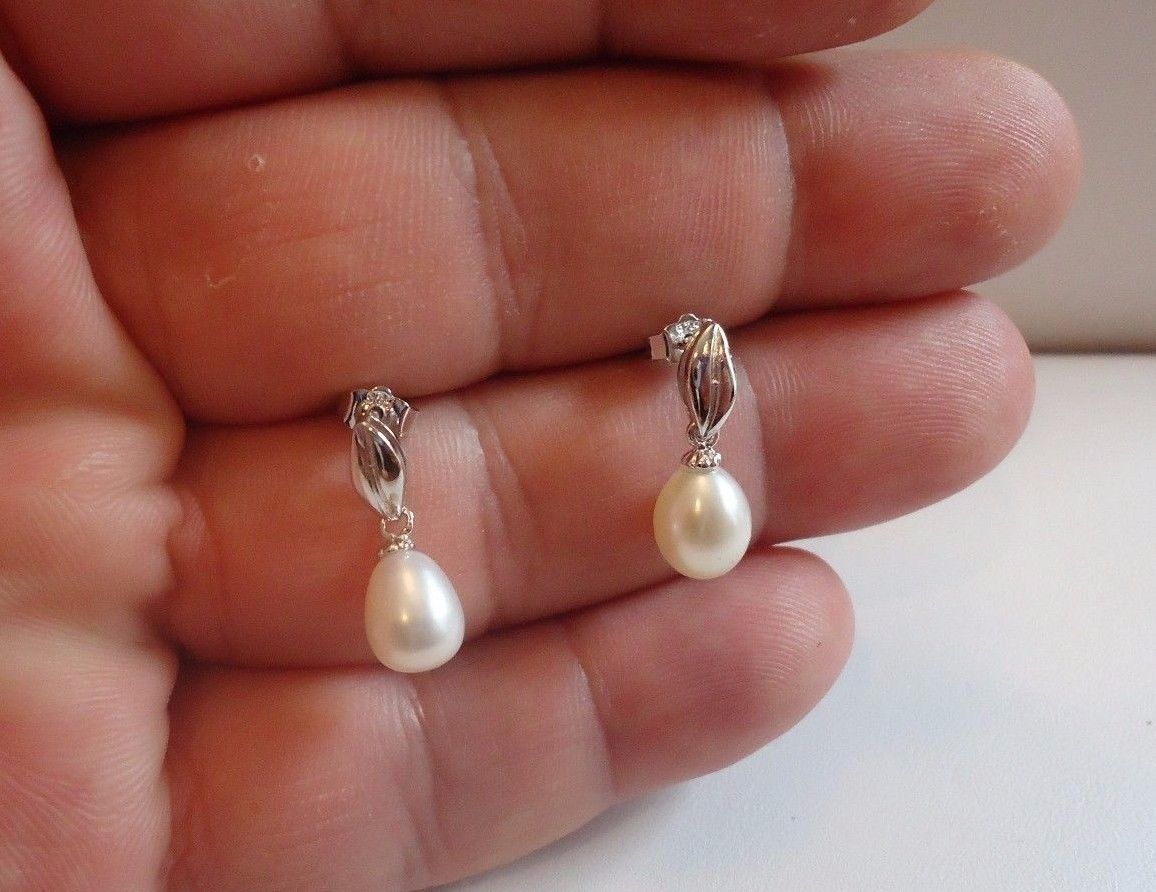 LADIES DESIGNER DANGLING MARQUISE SHAPE PEARL STUD EARRINGS 925 STERLING SILVER
