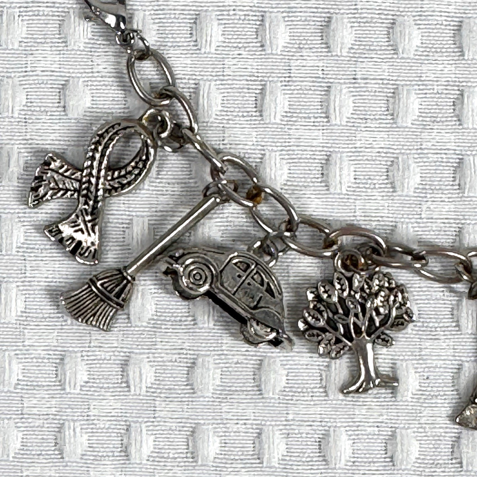 Charm Bracelet Eclectic Silver Tone Wings Tree Ribbon Witch Book Train Castle