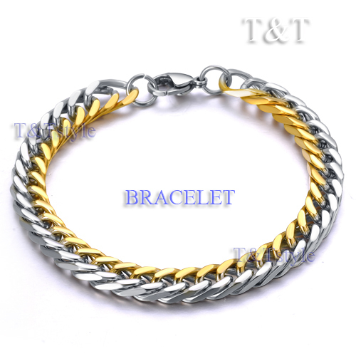 T&T 8mm 316L Stainless Steel Two Tone Curb Chain Necklace with Bracelet SET