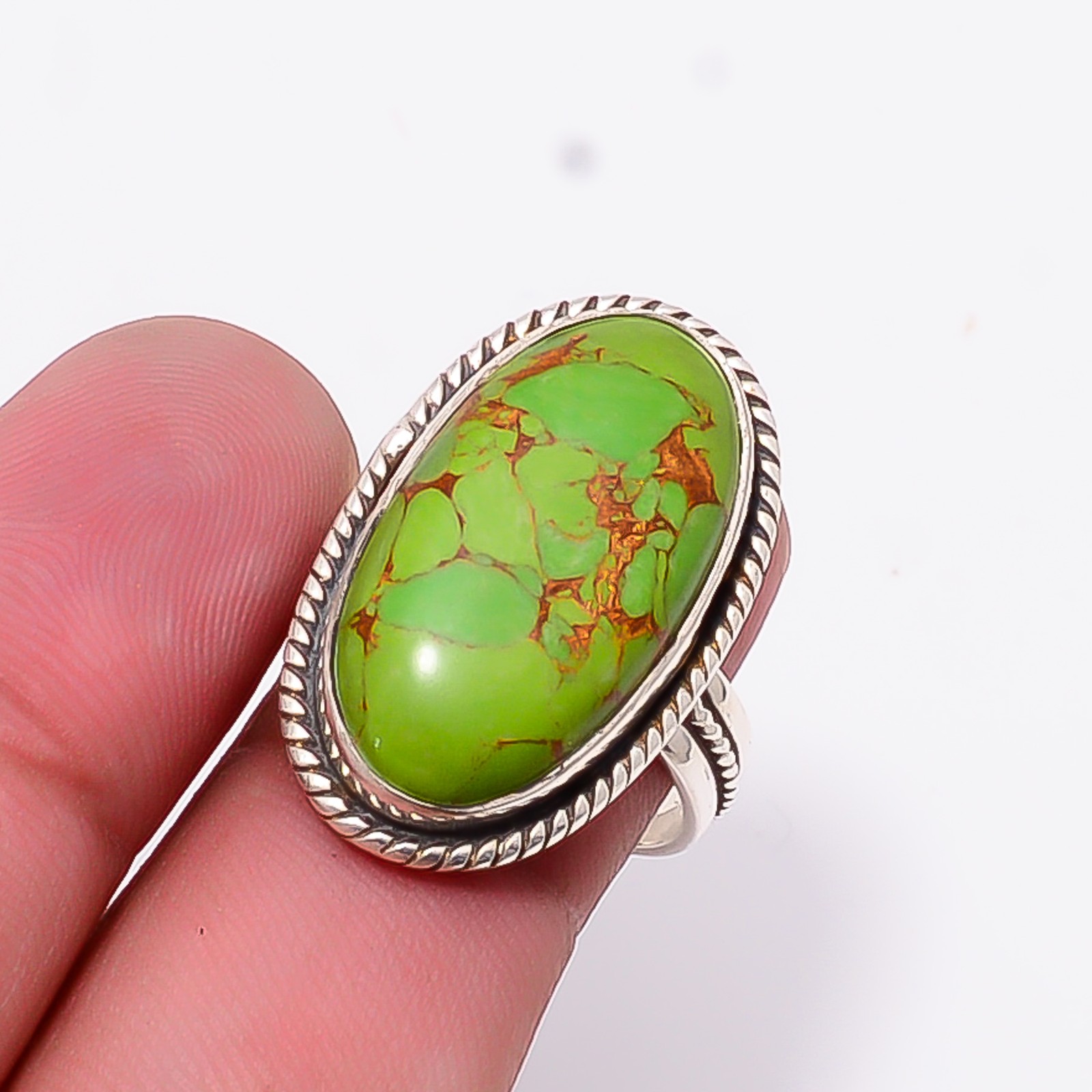 Copper Green Turquoise Artisan 925 Sterling Silver Ring S.7.5 R12505