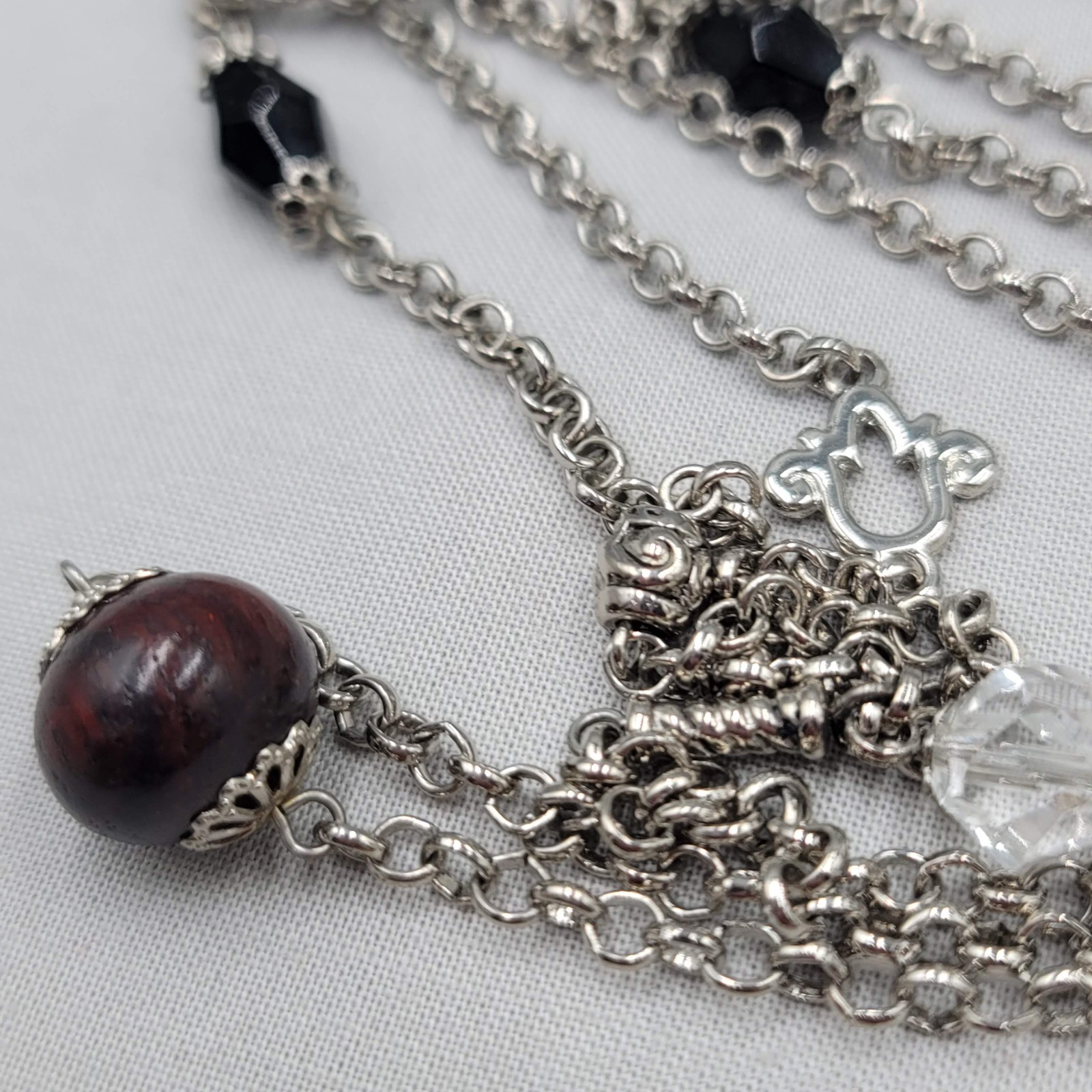 Wood Bead Layered Chain Necklace Silver Plated Filigree 34″ adj
