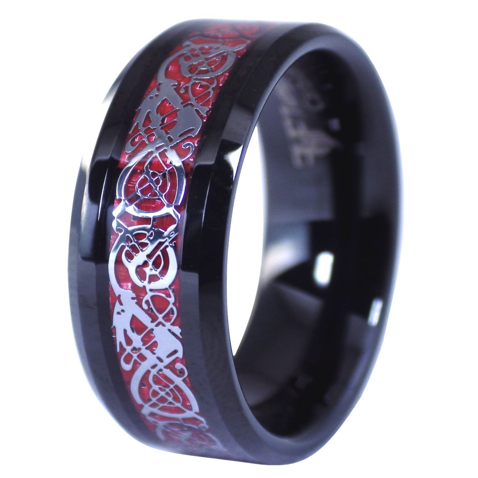 Black Tungsten Red Celtic Dragon Ring Size 6-17 Mens Womens 8mm Carbon Fiber