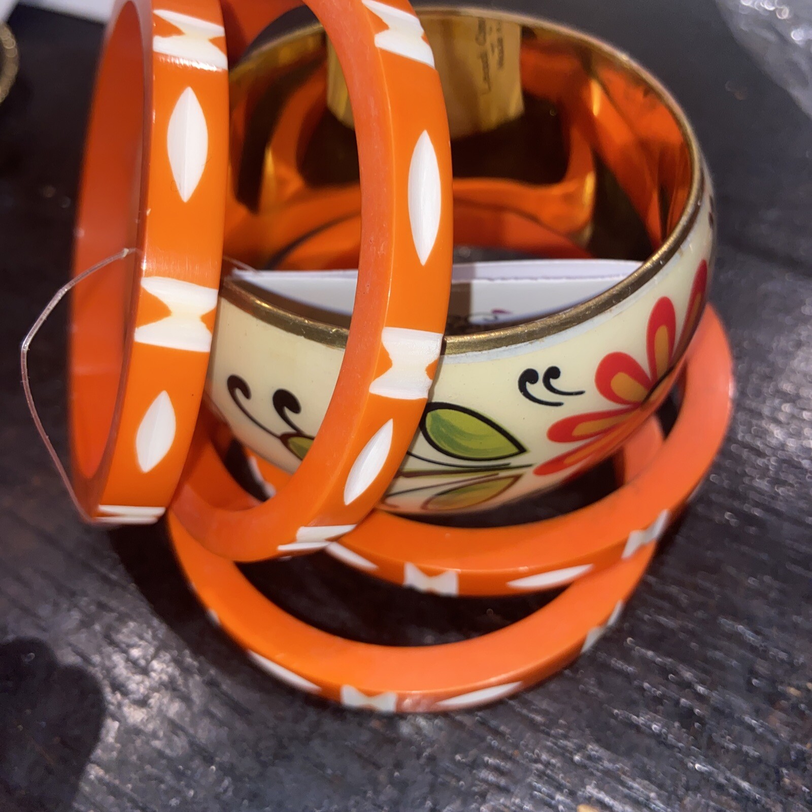 Annika Bangle Bracelet Collection Acrylic Carved Set of 5 New Orange