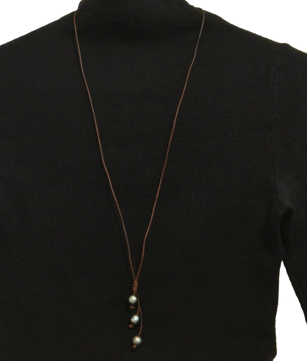 BLACK PEARL LEATHER LARIAT NECKLACE HANDMADE IN USA 10mm 35″