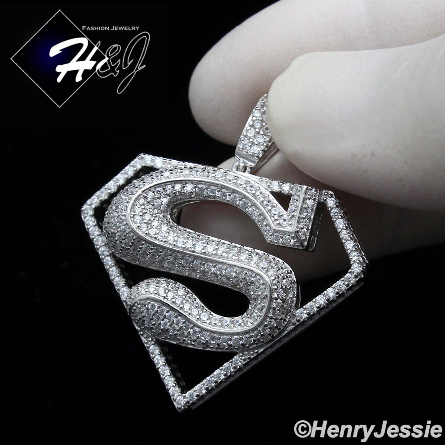 925 STERLING SILVER 18-30″X2MM MOON CUT BEADED CHAIN ICY CZ SUPERMAN PENDANT*263