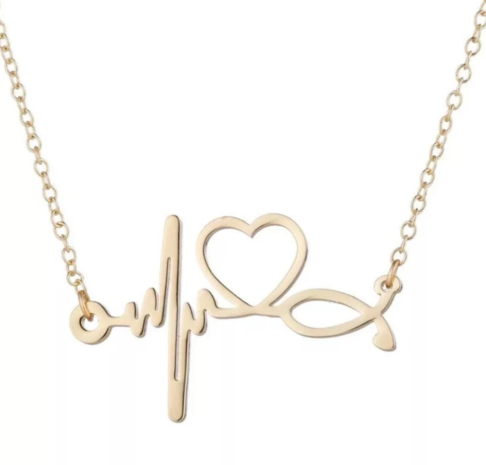Gold Heartbeat, Heart Necklace Electrocardiogram EKG Beat, Nurse, Doctor Love