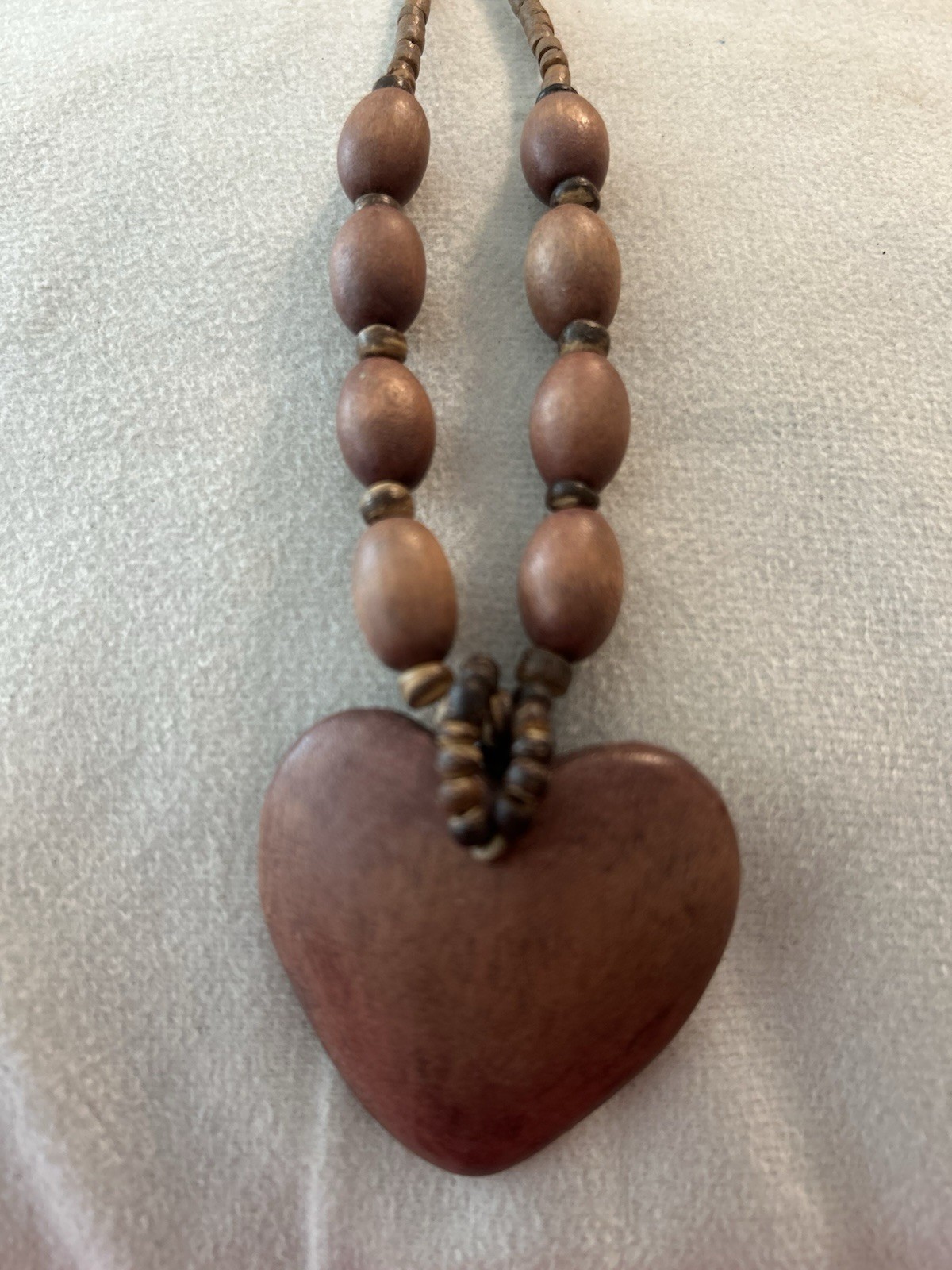Brown Wood Beaded Cord Necklace Heart Charm Pendant Lobster Clasp Love Theme