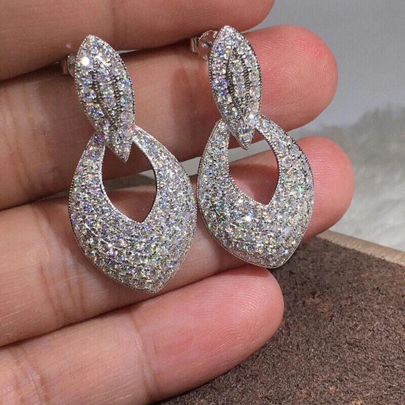 14K White Gold Plated 2.50Ct Round Simulated Diamond Pretty Drop Dangle Earrings