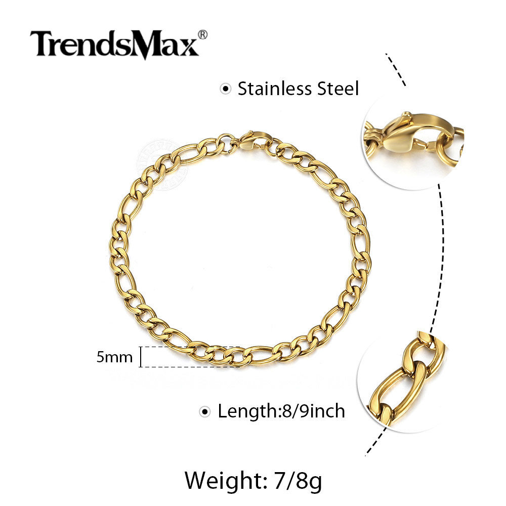 5mm Silver/Gold Plated Figaro Liink Chain Bracelet Stainless Steel Clasp Jewelry