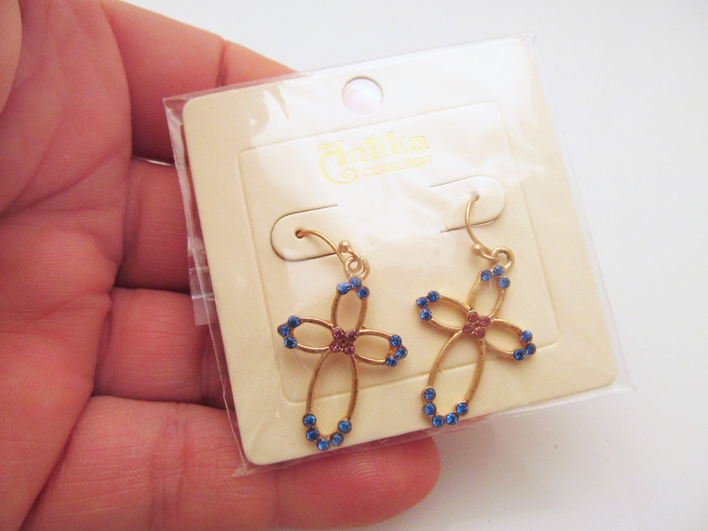 *NEW Gold Tone Cross Pierced Earrings Blue & Purple Crystals by Antika