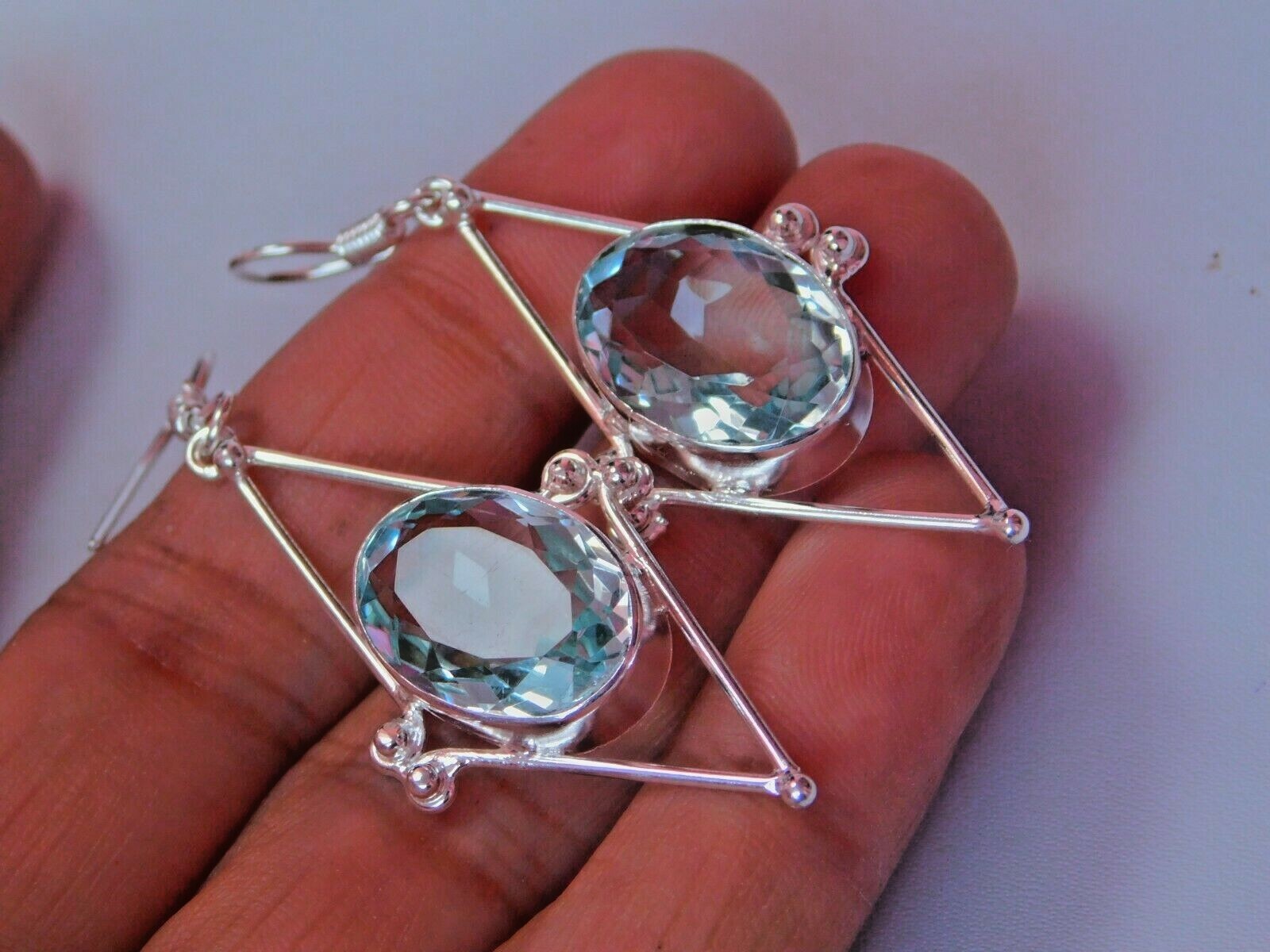 Gorgeous Triangular Hydro Aquamarine Quartz Silver Plated Brass Infinity Earring