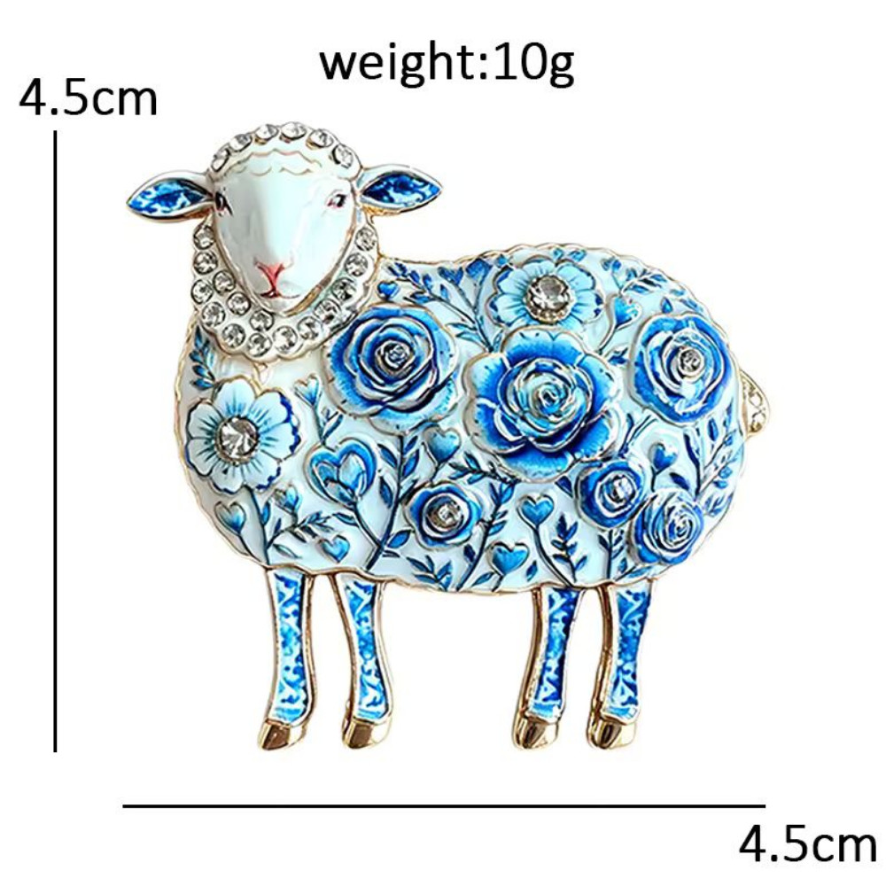 Blue White Sheep Brooch Rhinestone Enamel Floral Animal Pin Gold Jewelry Gift