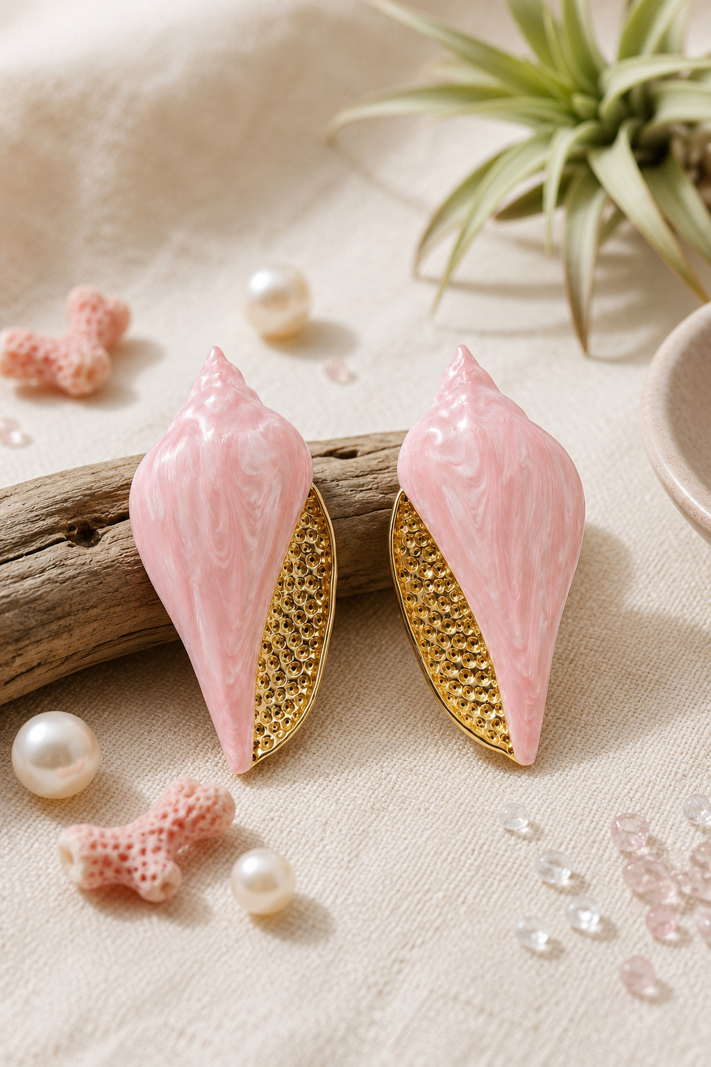 Chic Pastel Pink Enamel Conch Shell Gold-Tone Statement Earrings
