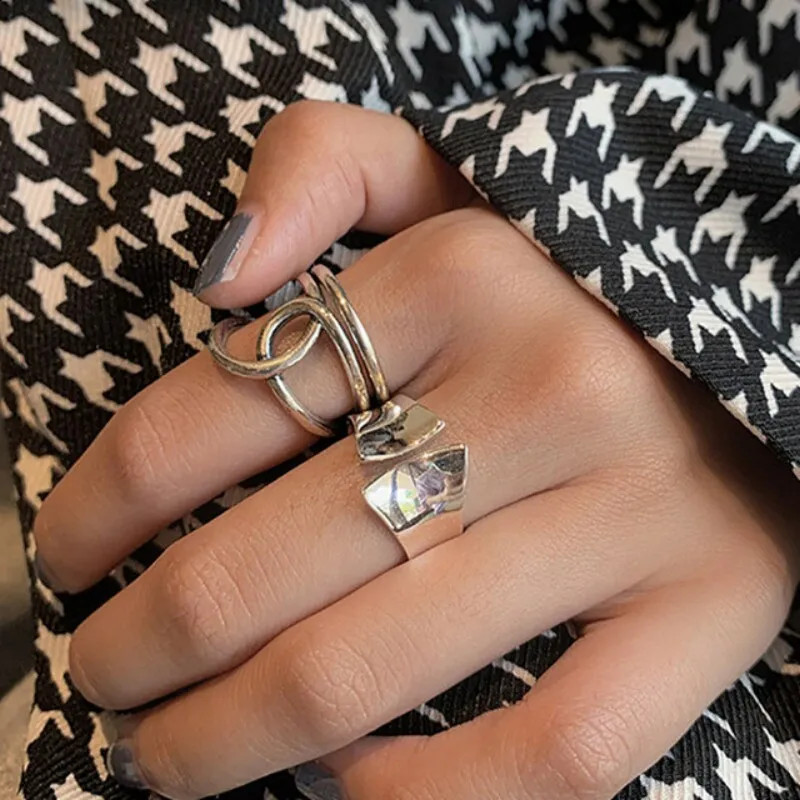 925 Sterling Silver Width Rings for Women Fashion Simple Multilayer Geometric