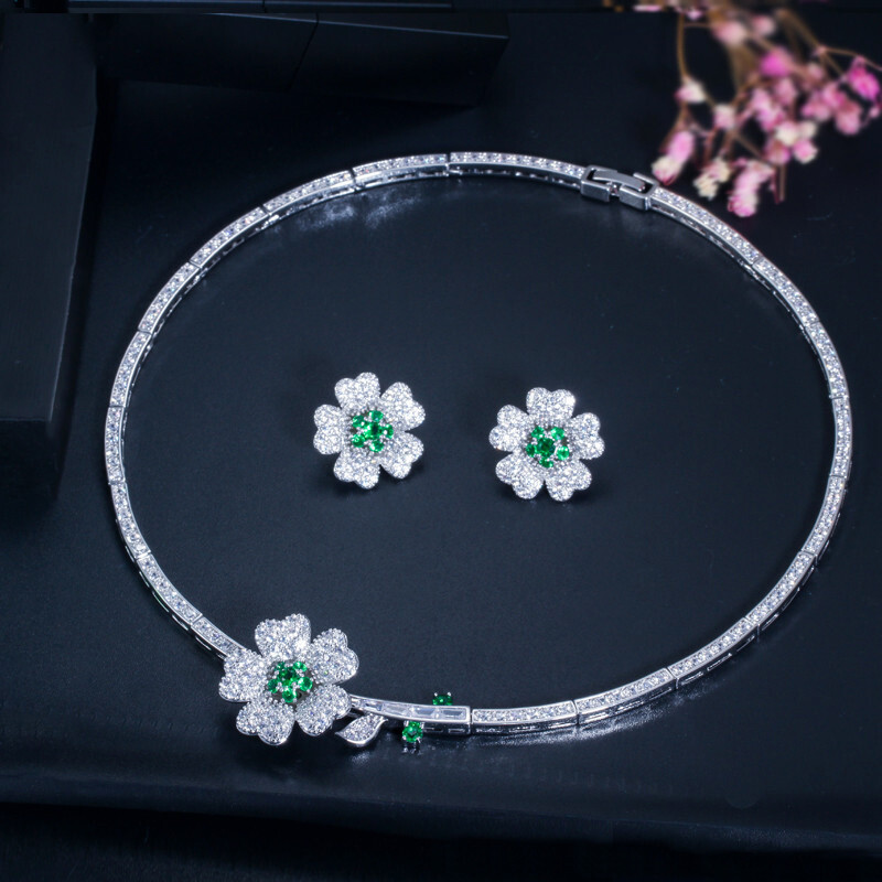 Silver Plated CZ Green Flower Choker Women Party Necklace Earrings Jewelry Set