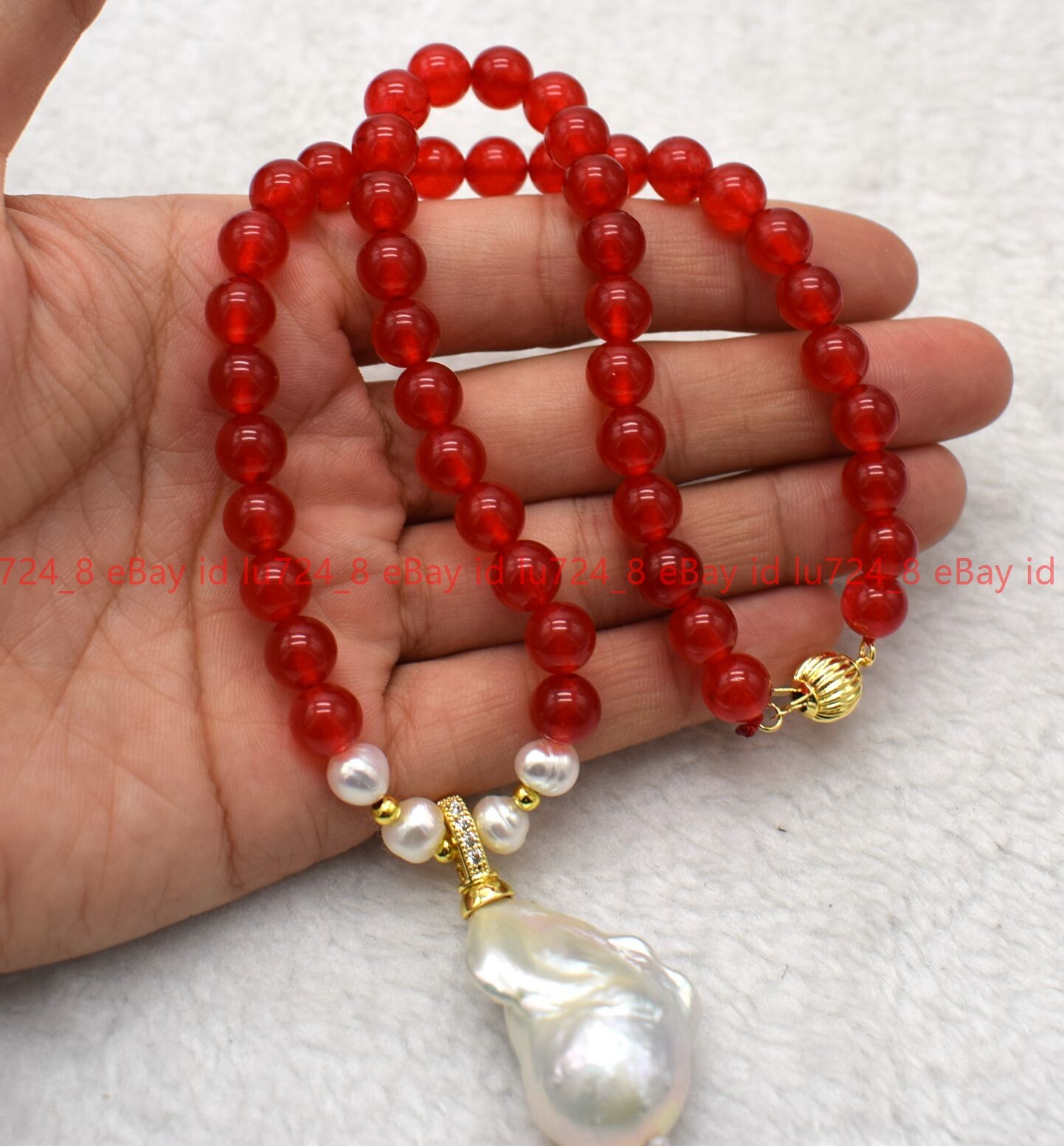 Natural 6-12mm Red Jade Round Gems Beads &White Baroque Pearl Pendant Neckalce