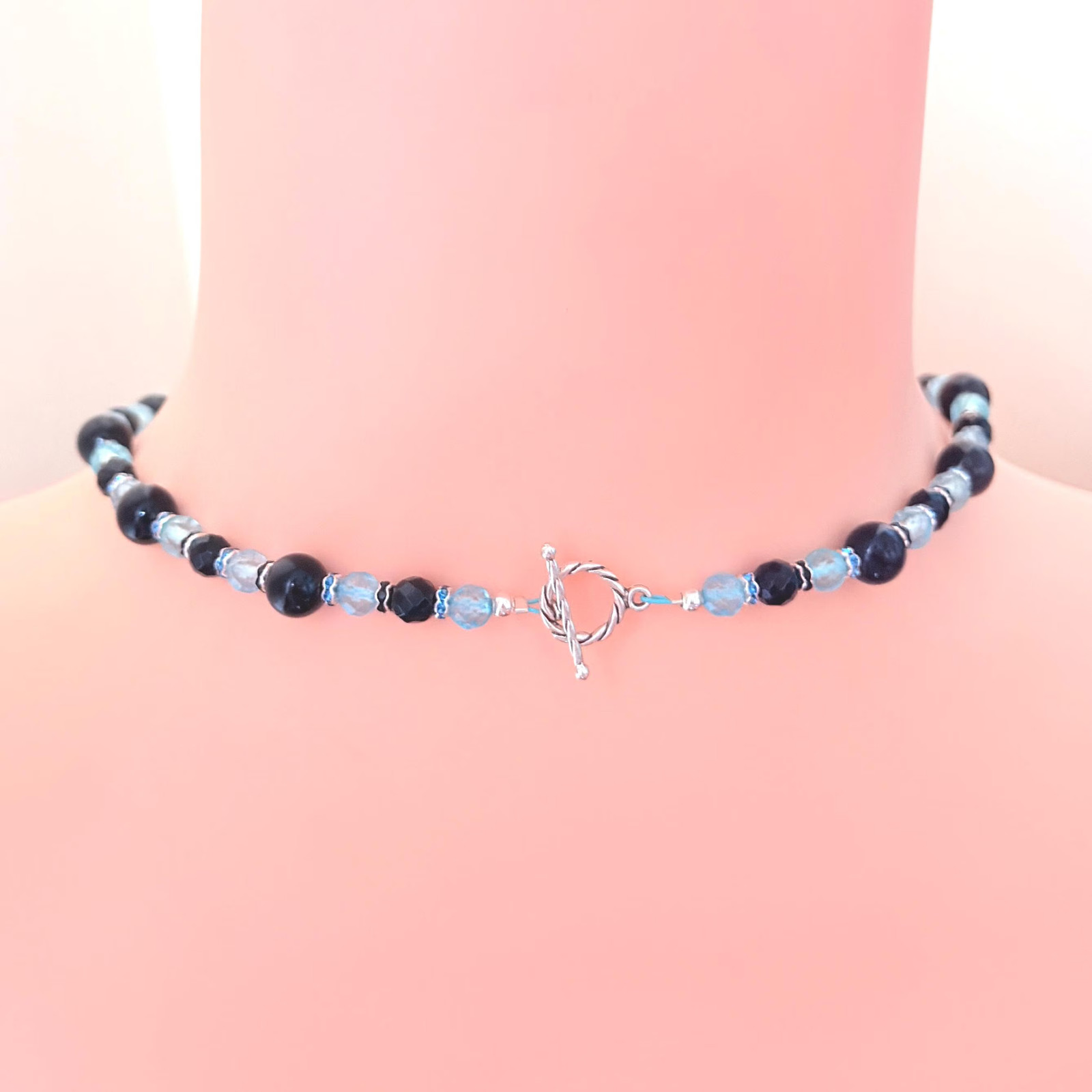Crescent Stone Wire-Wrapped Pendant | Onyx and Topaz Gemstone Necklace